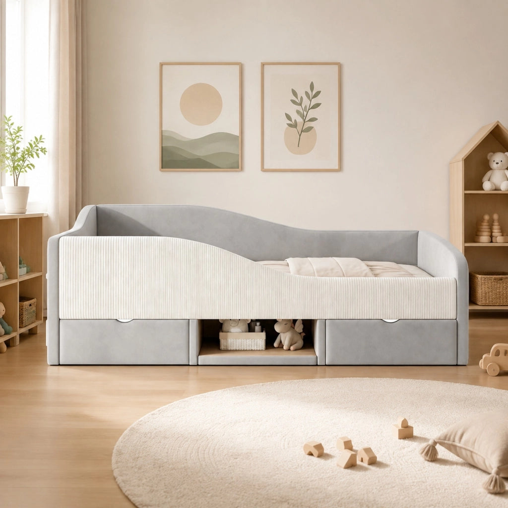 Letto imbottito per bambini con cassetti e sponde; 90 x 190 cm; velluto grigio