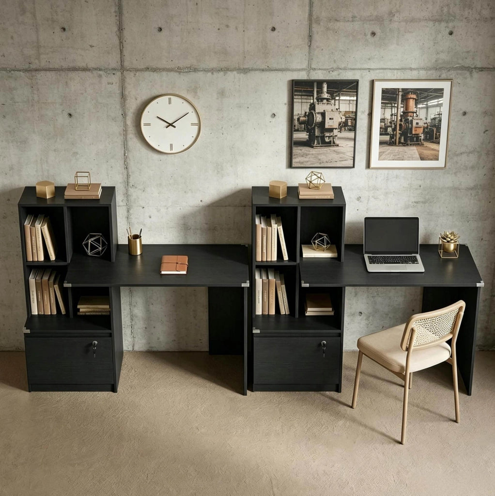 Scrivania per computer nera con libreria a 4 ripiani e cassetto chiudibile
