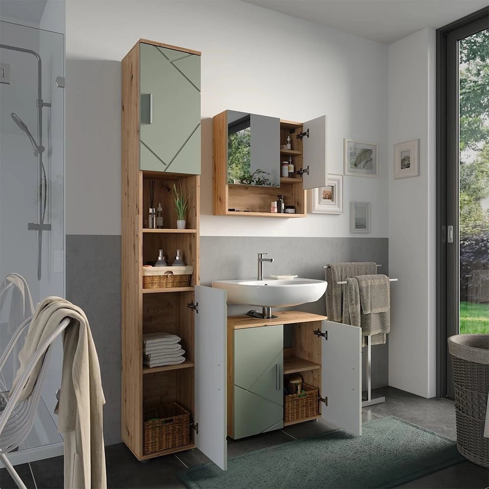 Set di mobili da bagno Irma, Verde salvia, 60 cm, composto da mobile sottolavabo, specchiera e colonna alta
