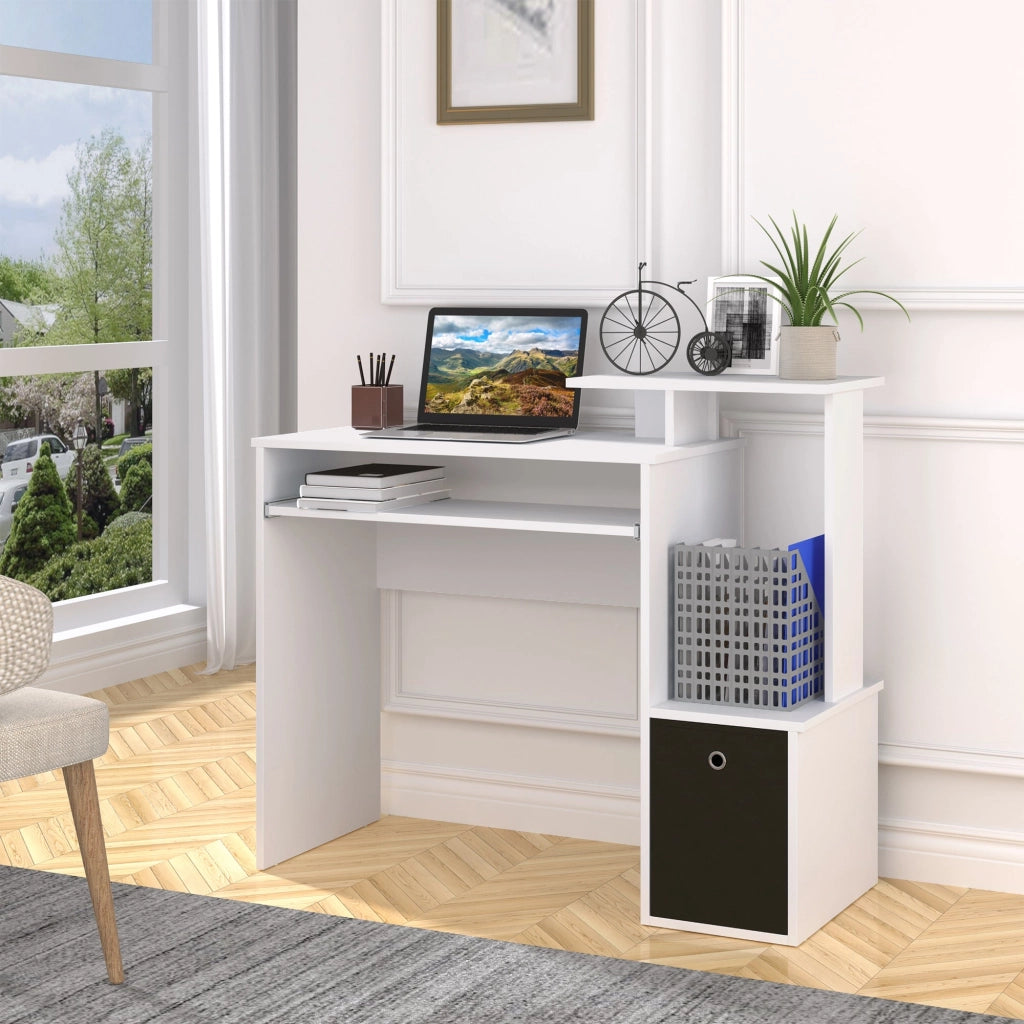 Scrivania Moderna con Mensola per Tastiera e Cassetto in Tessuto 100x40x86,6 cm  Bianco e Nero