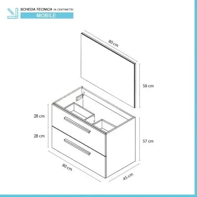 Mobile bagno sospeso 80 cm bianco lucido 2 cassetti e specchio