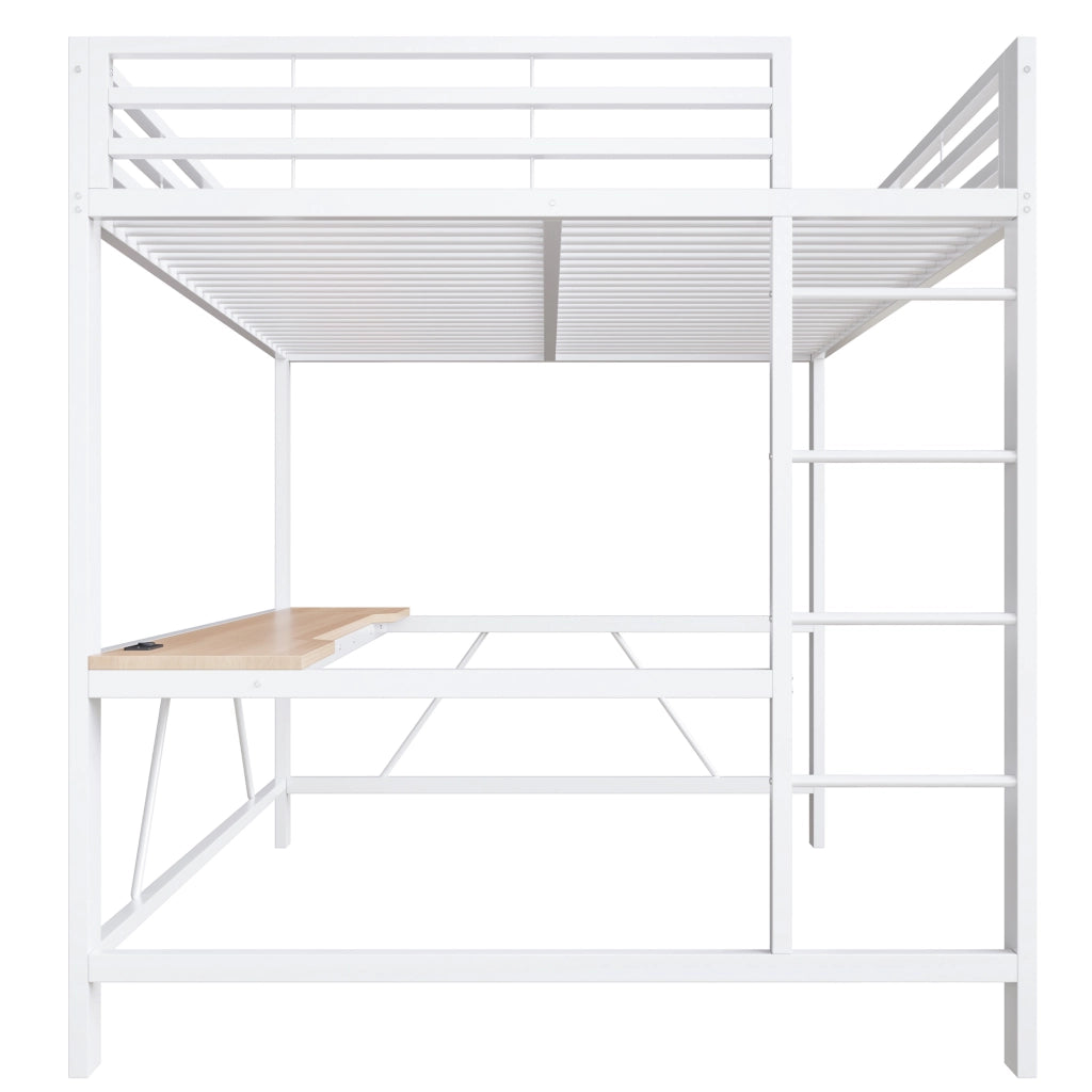 Letto a Soppalco 160x200 cm; Letto Singolo con Scrivania; LED; Guardrail - in Metallo; Bianco