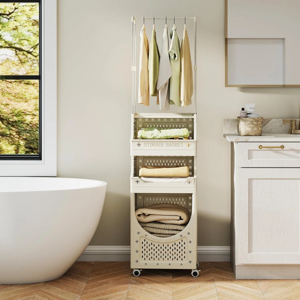 Carrello portabiancheria con 4 ruote e 6 ganci, cesto 40 L, design pieghevole, contenitore per biancheria e organizer per bagno, camera da letto, dormitorio, lavanderia (82 litri, con