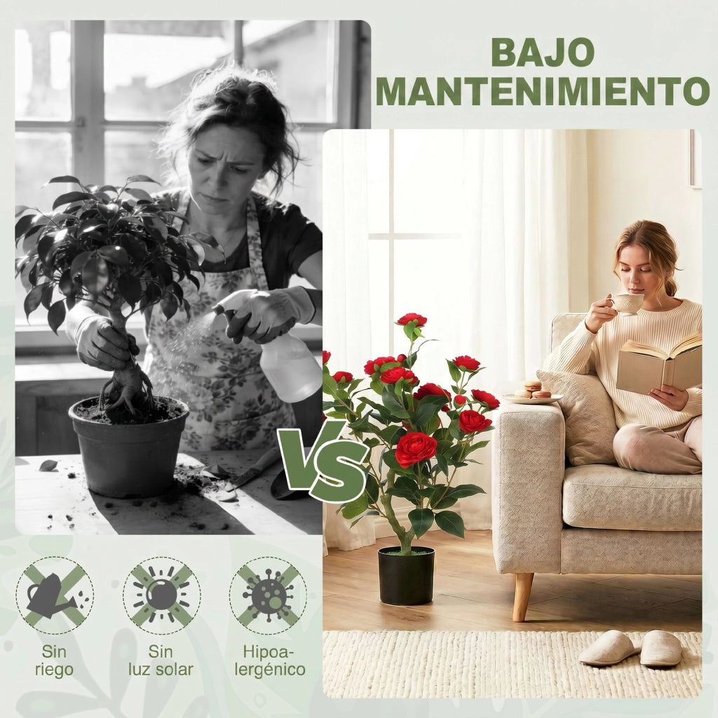 Pianta Artificiale Camelia ¨C Zephmum ¨C 65 cm Rosso con Fiori di Seta