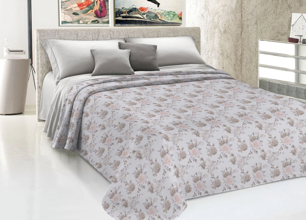 Copriletto Piquet Primavera Estate 100% Cotone Disegno Rosa Grande Floreale - Matrimoniale - Beige