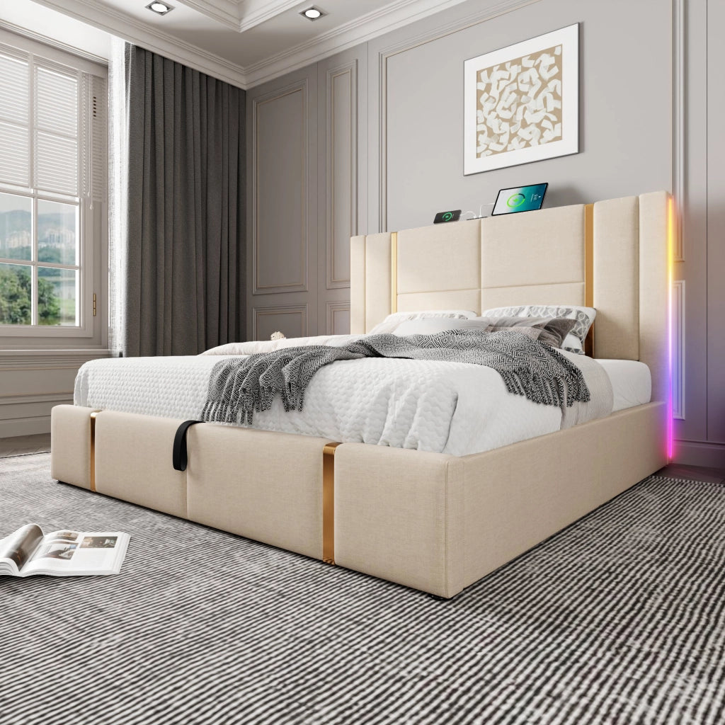 LETTO Matrimoniale 160x200 cm in lino beige con LED, USB e porta Type-C