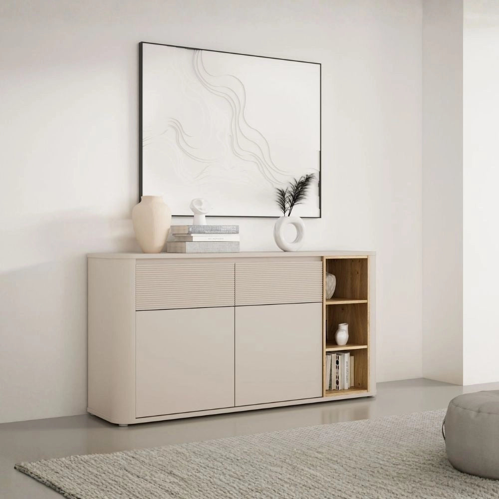 Madia Origin Core 2 ante 2 cassetti con vani a giorno 160 cm cashmere e dettaglio rovere