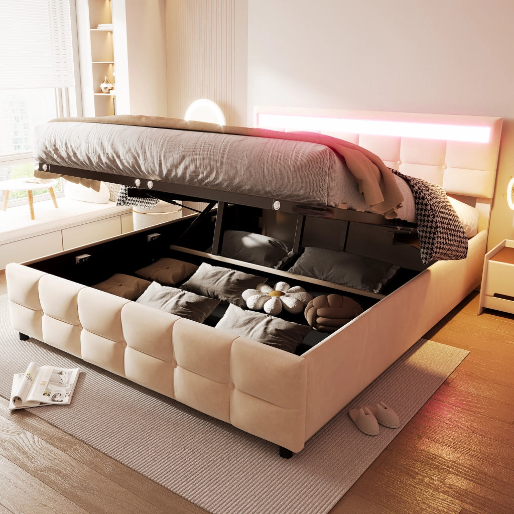 Letto contenitore matrimoniale 180×200 cm con LED; rete sollevabile; senza materasso; velluto; beige