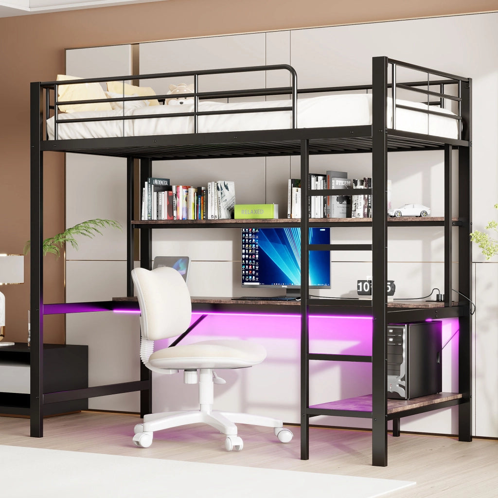 Letto a castello nero in metallo con funzione usb e presa elettrica 90x200 cm
