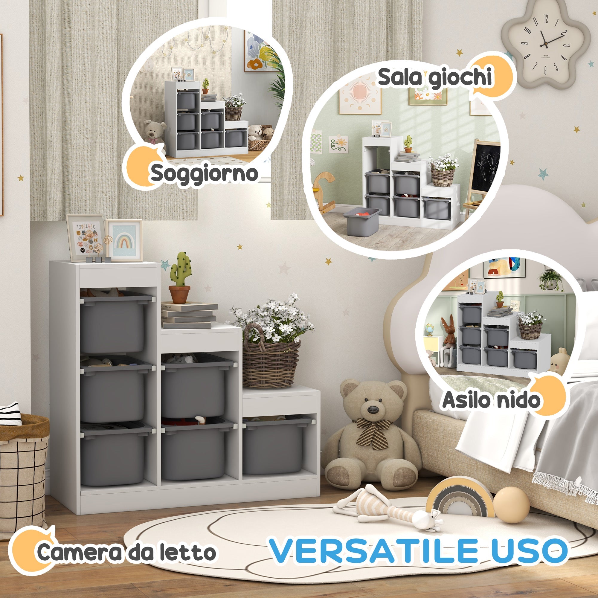 Scaffale Portagiochi per Bambini a 3 Livelli 6 Contenitori 96x38,5x90 cm Grigio