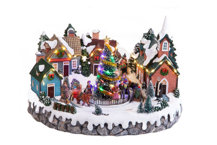 Villaggio Natalizio Piazza Albero Luci Musica e Movimento 36 cm in Resina