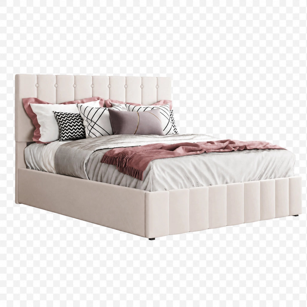 Letto imbottito 140x200 cm; contenitore idraulico; velluto; bianco crema (Senza materasso)