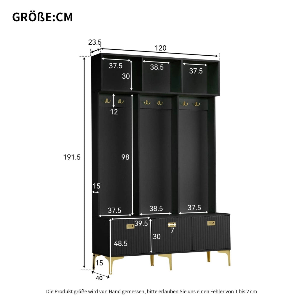 Set guardaroba con panca e scarpiera nero 120x23,5x191,5 cm
