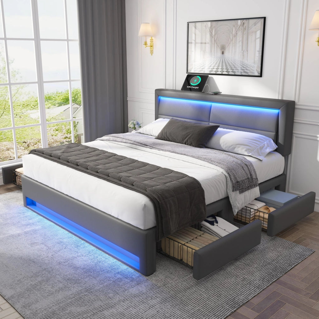Letto imbottito 140 x 200 cm con USB, illuminazione LED e 4 cassetti, senza materasso, grigio