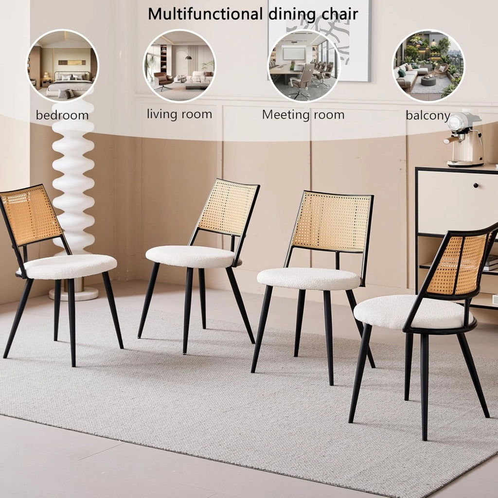 GrandCA HOME Set di 4 Sedie con Seduta Imbottita in Rattan,Struttura in Metallo Nero e Schienale in Rattan Naturale. Adatto a Cucina,Soggiorno, Sala da Pranzo e camera da letto #02
