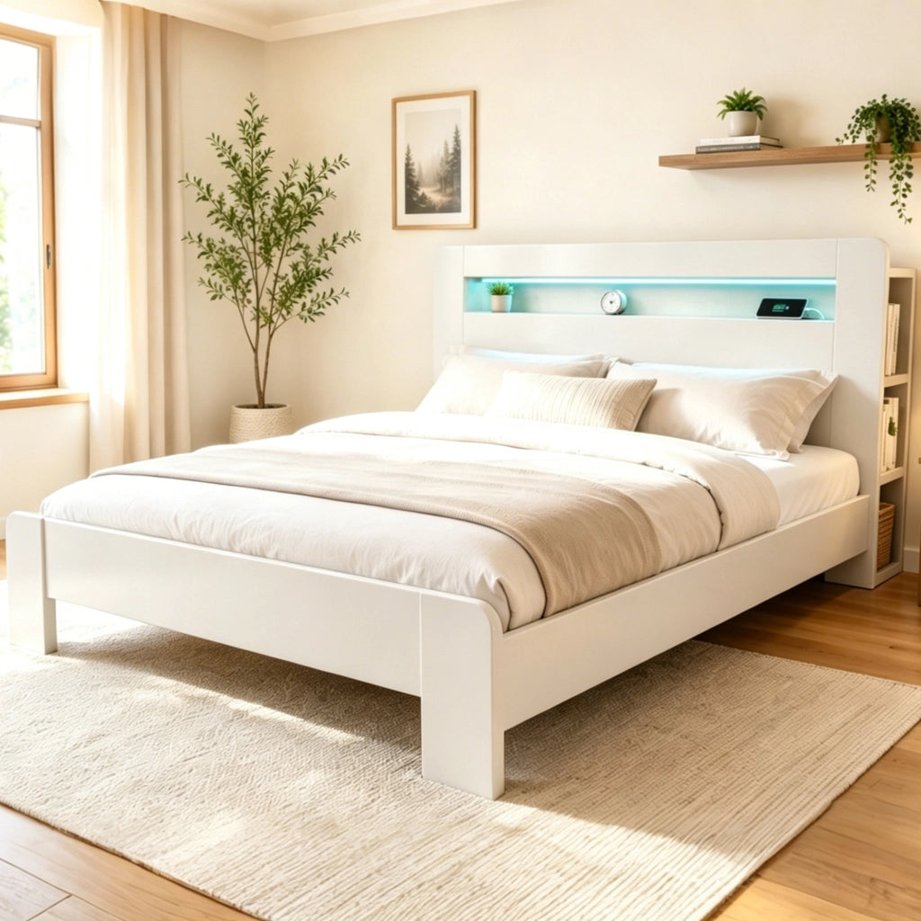 Letto con piattaforma 180x200 mm illuminazione a LED prese elettriche con vani portaoggetti legno bianco