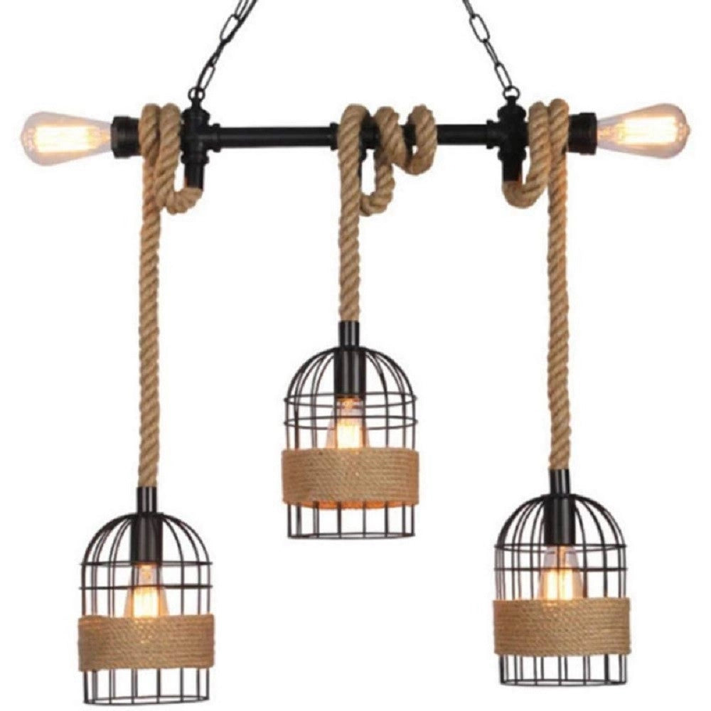 Trade Shop - Lampadario A Sospensione Stile Industriale In Metallo Corda Canapa Retrò B60-5 -