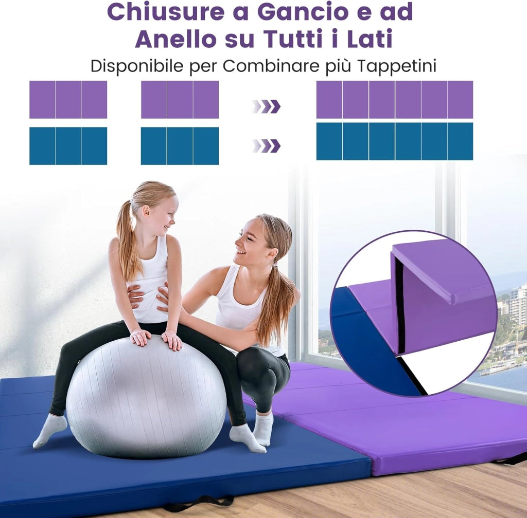 Tappetino Palestra Pieghevole a 4 Pannelli, Tappetino Ginnastica 300 x 117 x 5 CM con Maniglie e Chiusure a Strappo, per Ginnastica, Yoga e Stretching