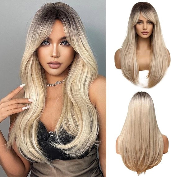 Pruca Ombre Blonde con Doppia Fascia per Donne - Capelli Naturali Sintetici 24 Pollici