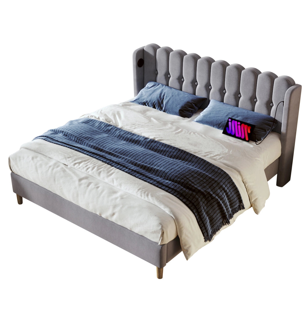 Letto imbottito 160x200 cm con ricarica USB+Type-C in lino grigio