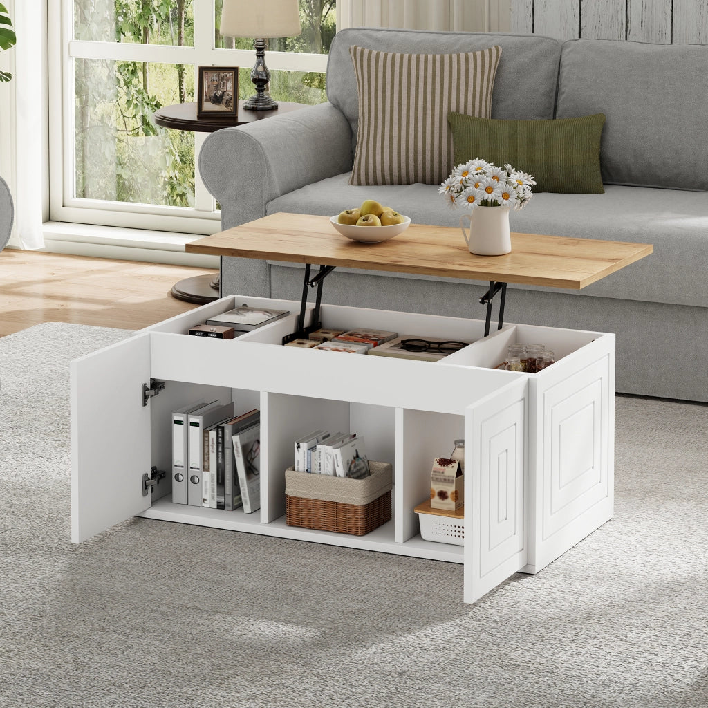 TAVOLO CAFFÈ elevabile 46x95x45 cm bianco e naturale con 2 ante