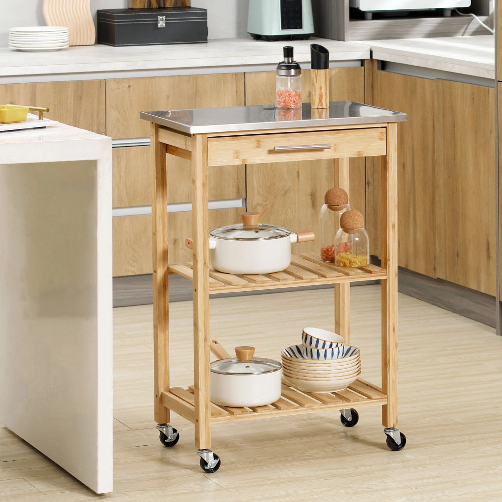 Carrello da Cucina con Piano in Acciaio Inox Cassetto e Mensole a Doghe in Bambù