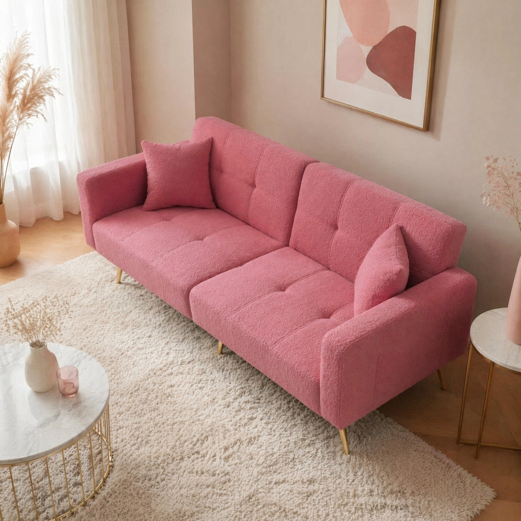 Divano letto convertibile reclinabile 175x64x72 cm in tessuto sherpa rosa; con tasche laterali
