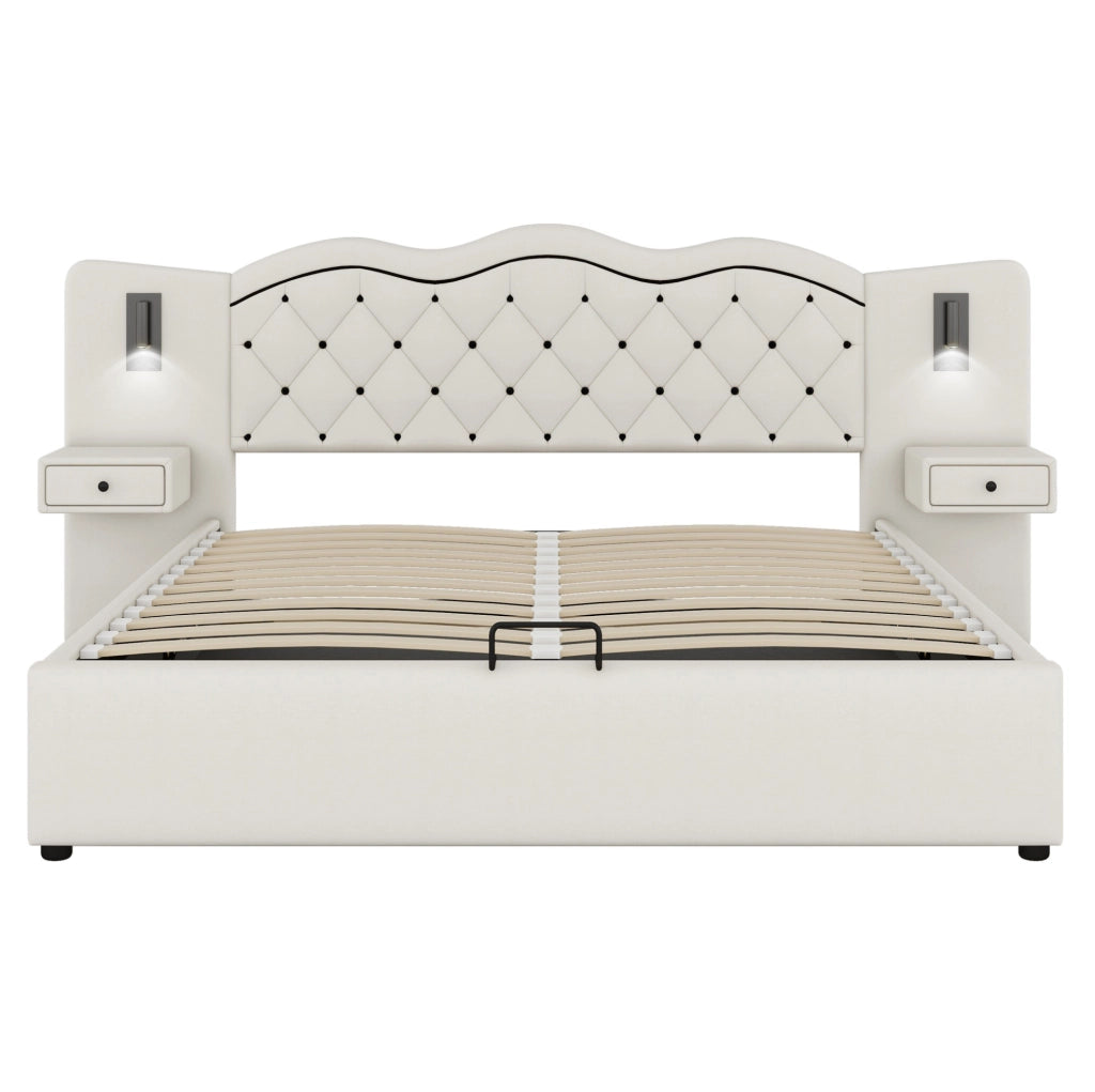 Letto matrimoniale 180x200 cm beige con luci USB e contenitore