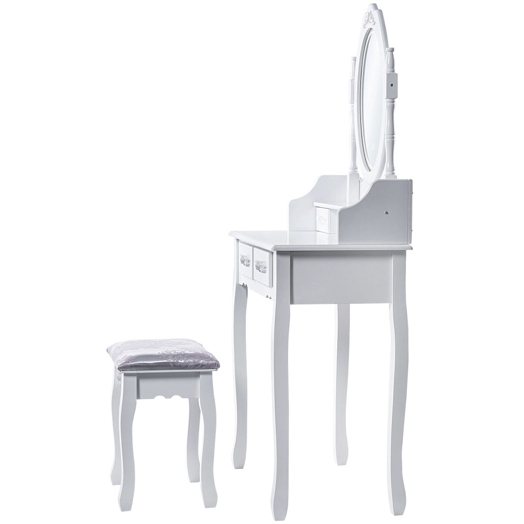 Tavolo da trucco KADAX con specchio e sgabello, bianco, 75x147 cm
