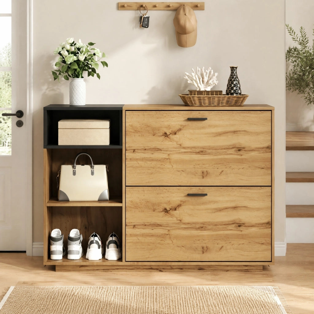 Scarpiera da ingresso 120x32x84,5 cm in MDF con 3 vani aperti e 2 ribalte, colore naturale e nero