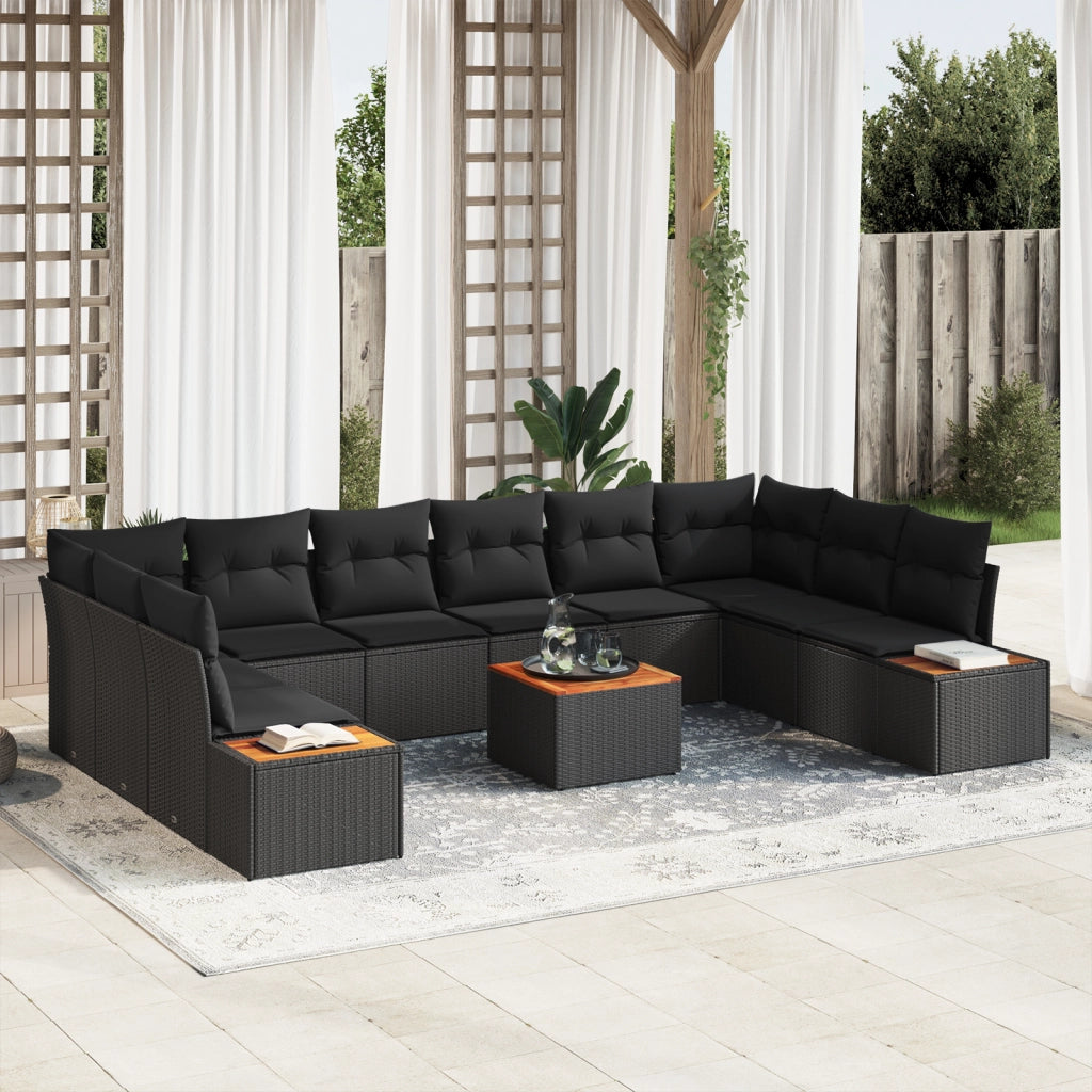 Set Divano da Giardino da 11 Pezzi con Cuscini Nero Polyrattan Acacia