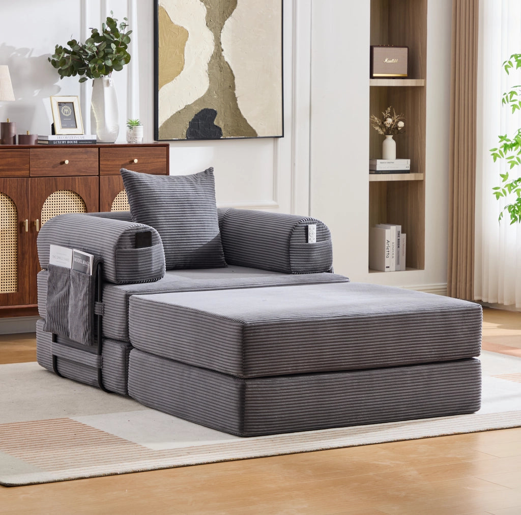 Divano modulare in velluto a coste con pouf e cuscino; grigio scuro; 112 × 190 × 67 cm