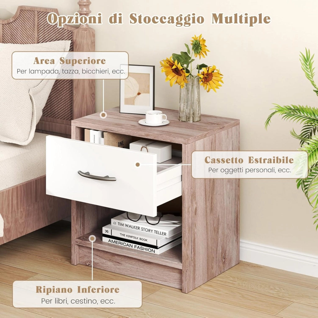 COSTWAY Comodino 38,5 x 28 x 40,5cm in Legno, Tavolino Salvaspazio con Scomparto Aperto e Casseto per Soggiorno e Camera da Letto (Naturale Scuro+Bianco)