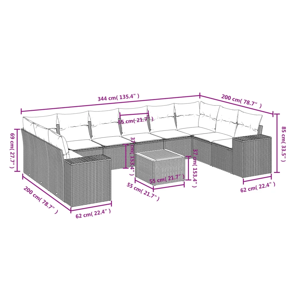 Set Divani da Giardino 11 pz con Cuscini Beige in Polyrattan 3225617