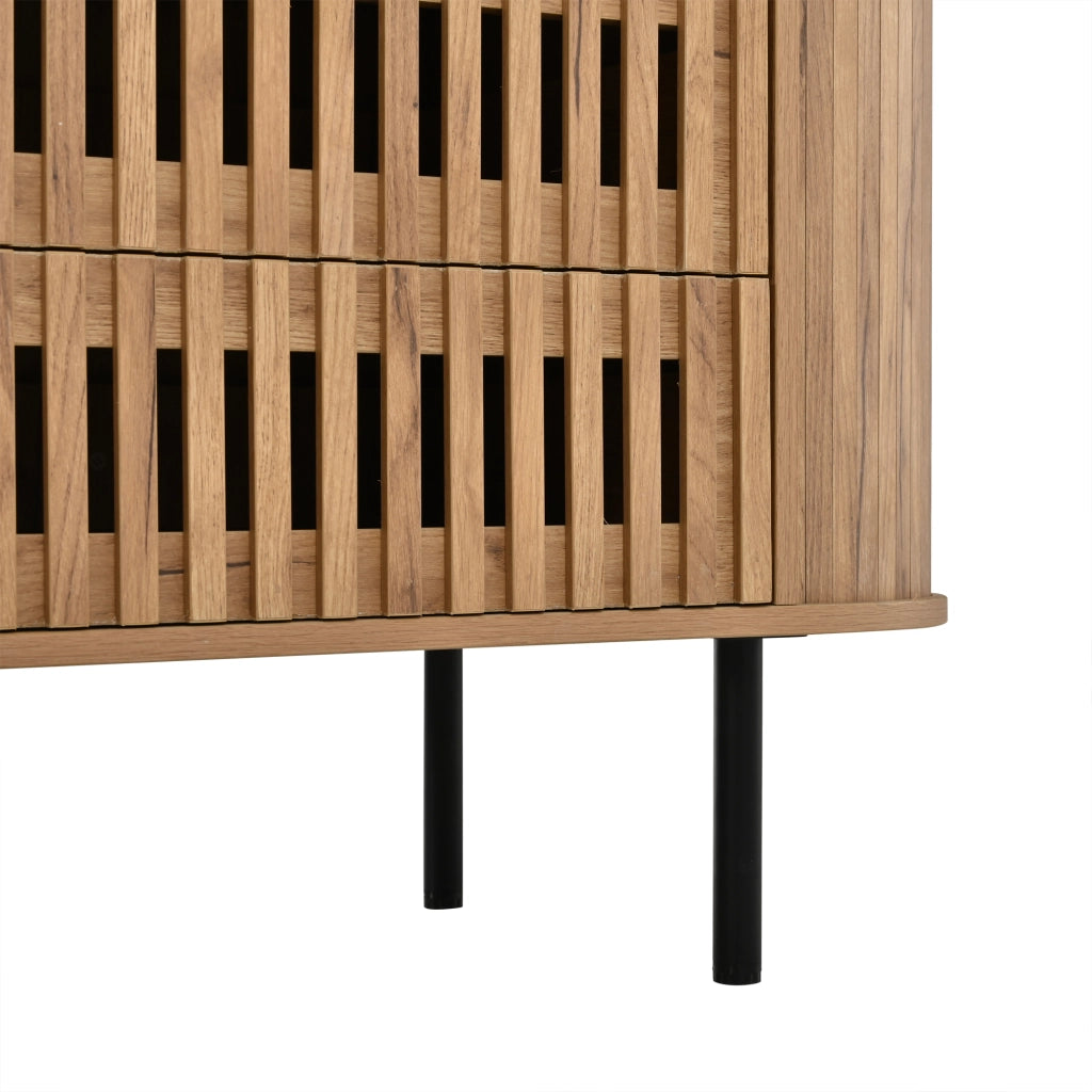 Madia con 6 cassetti e gambe in metallo; design a lamelle traforate per soggiorno e ingresso; 160×40×70 cm