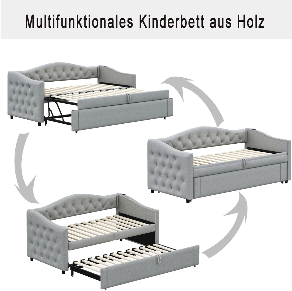 Divano letto estraibile imbottito 90x200 cm con USB; rete a doghe; lino grigio