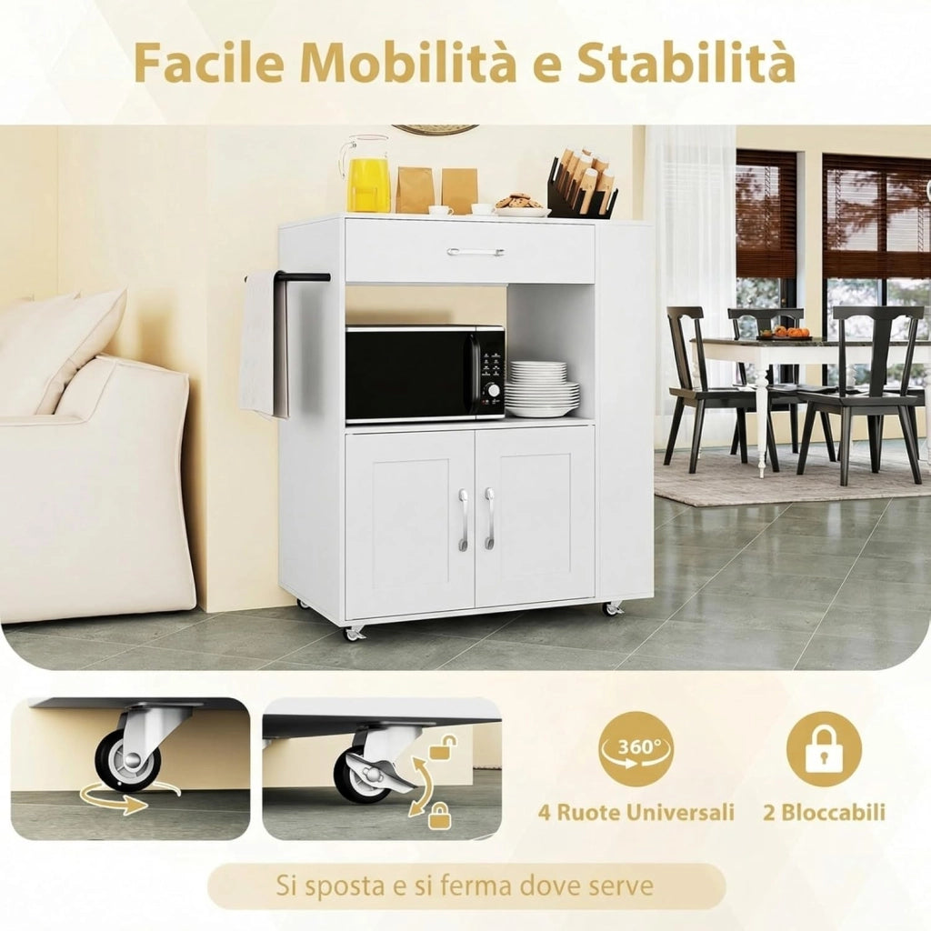 Carrello da Cucina con Ruote, Isola da Cucina con 3 Portaspezie 1 Cassetto Armadietto a 2 Porte, Carrello Portaoggetti con Portasciugamani, 82x46x92 cm (Bianco+bianco)