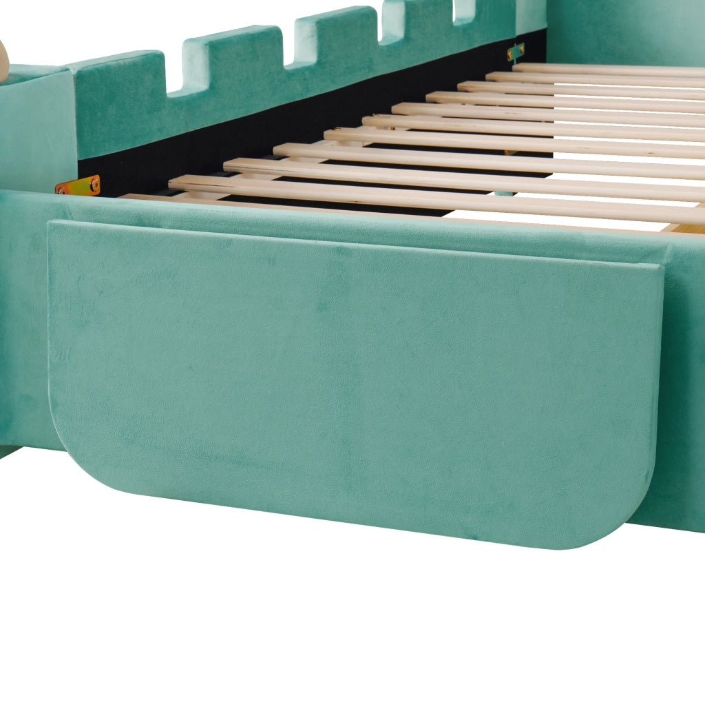Letto imbottito 90x200 cm con lampada LED; USB e cassetto in velluto blu-verde