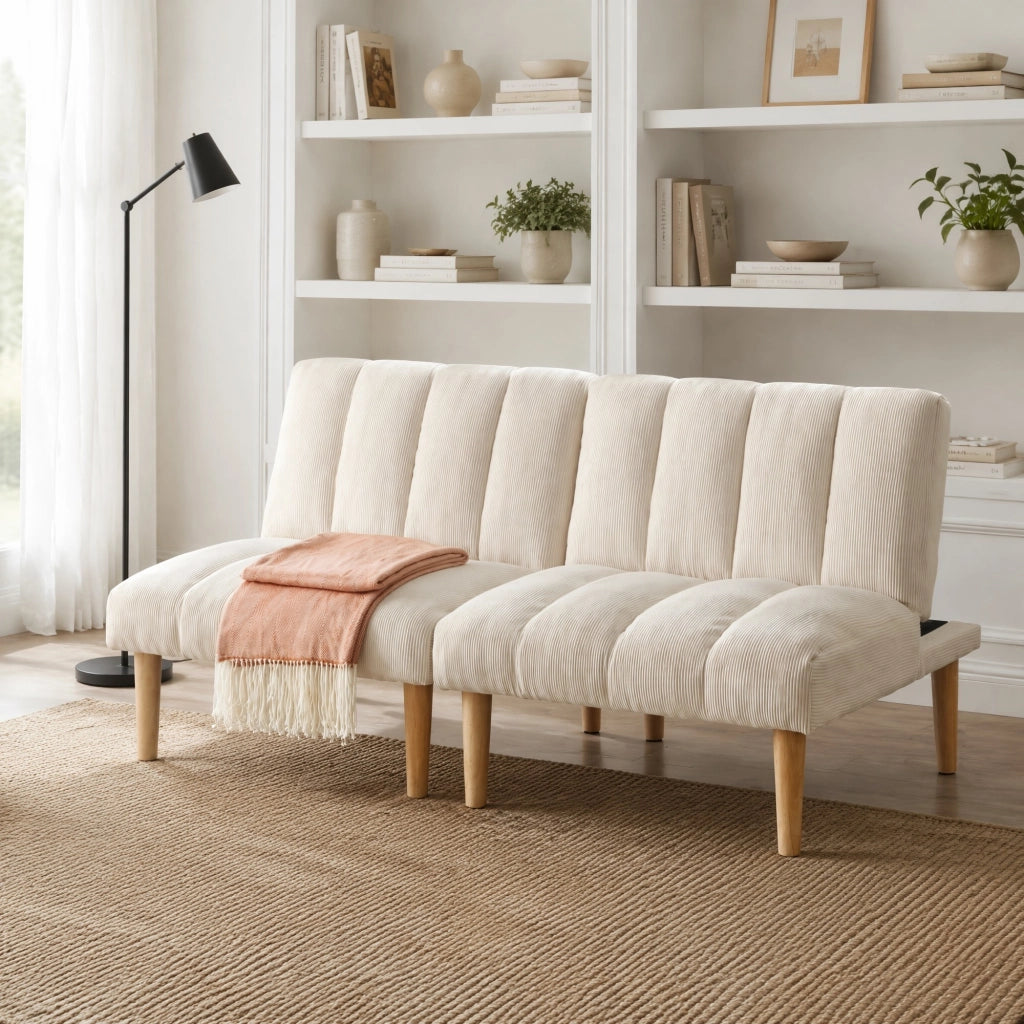 Divano letto 2 posti con schienale reclinabile a 3 posizioni e gambe in legno, in velluto a coste, Beige