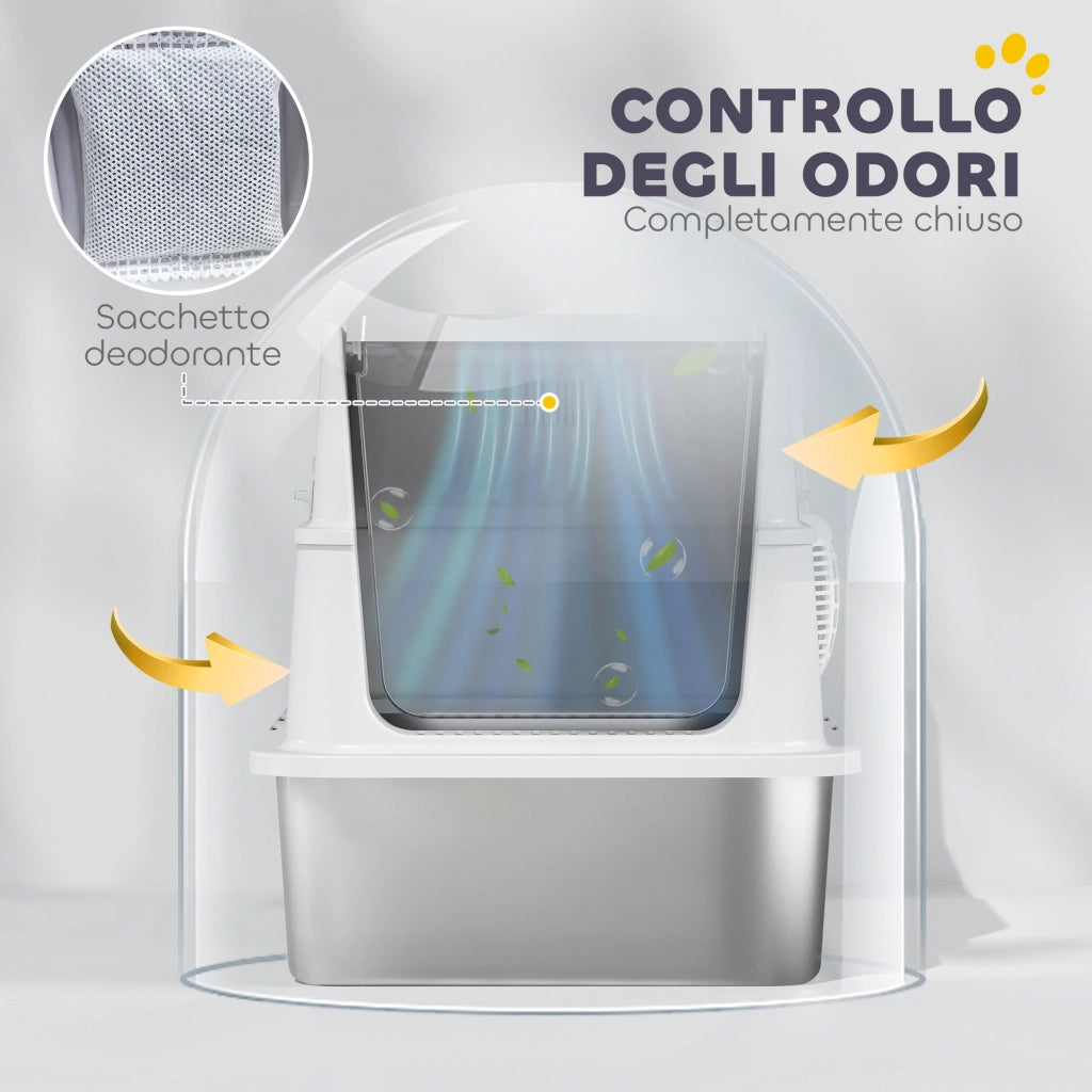 Lettiera per Gatti Grandi con Coperchio Ribaltabile Paletta e Deodorante in Acciaio Inox Grigio Chiaro
