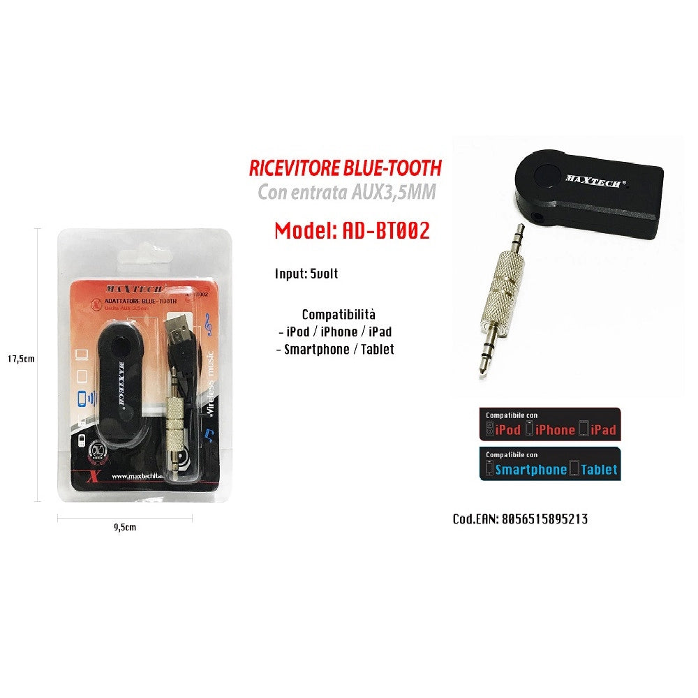 Trade Shop - Ricevitore Adattatore Jack 3.5mm Vivavoce Bluetooth Stereo Audio Maxtech Ad-bt002 -