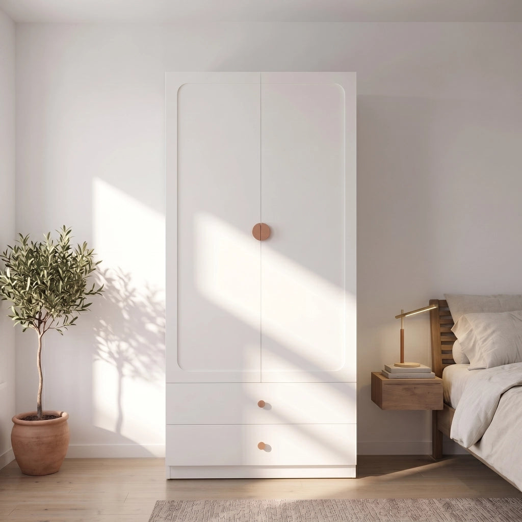 Armadio a 2 ante con 2 cassetti e appendiabiti in MDF legno e acciaio bianco per camera 90 × 45 × 200 cm