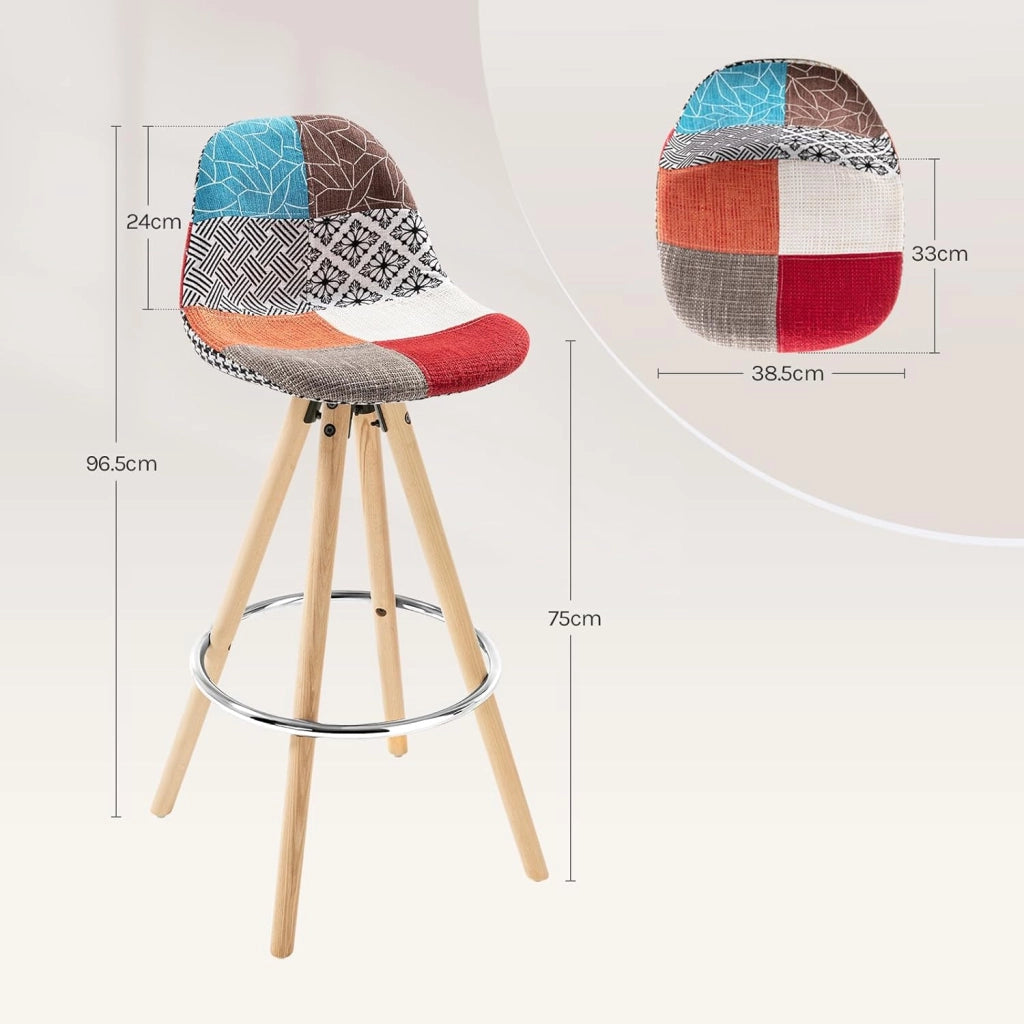 Sgabelli Bar Set di 2, Sedia Alta con Schienale e Poggiapiedi per Isola Cucina, Pub, Sala da Pranzo, in Gambe Legno, Lino, Patchwork