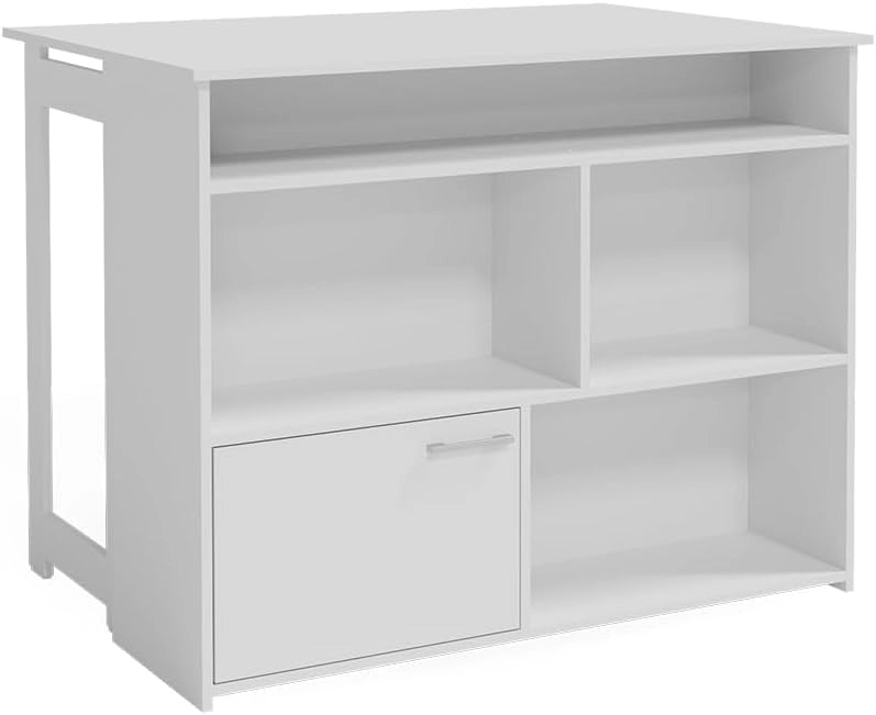 Tavolo bar alto Dominic, Bianco, 116 x 37 cm 4x scomparti aperti e 1x porta, piano del tavolo pieghevole per un utilizzo flessibile in spazi ridotti