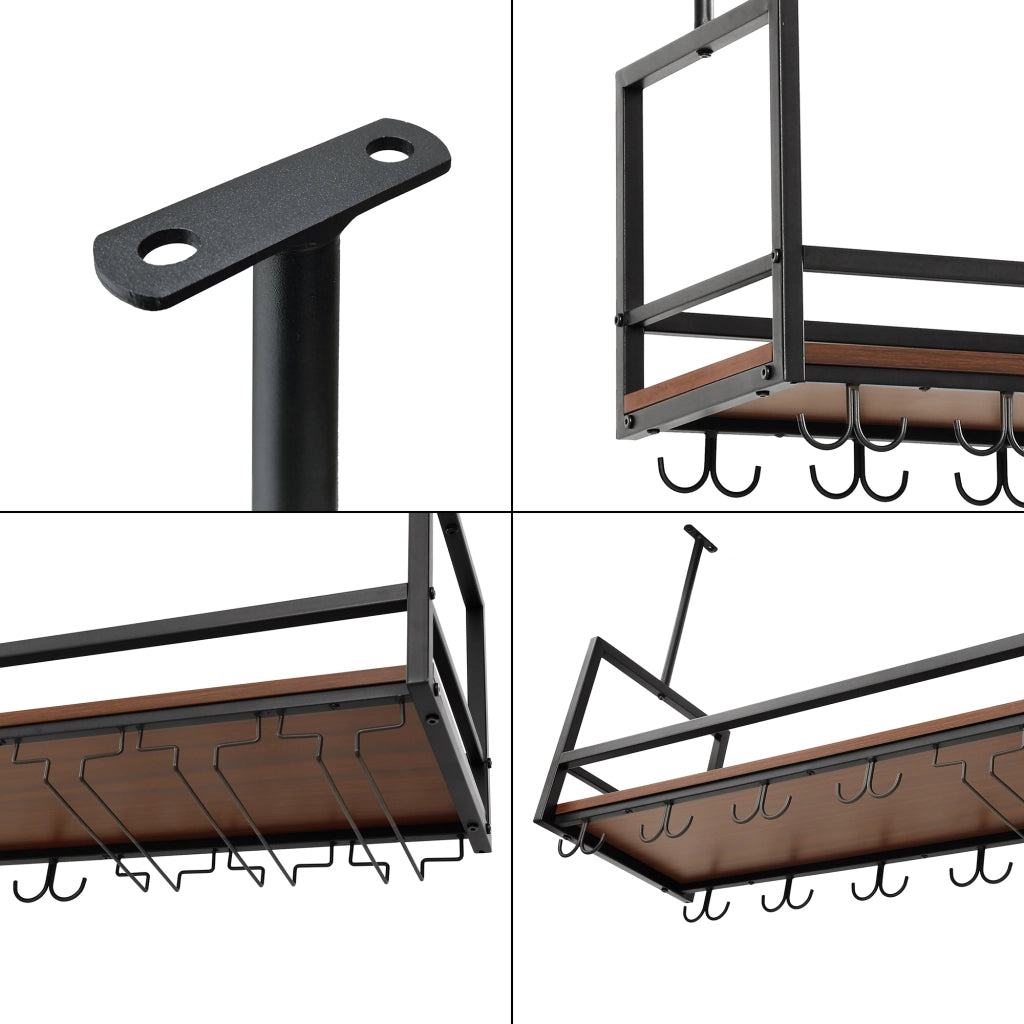 Portabottiglie Sospeso da Soffitto Borejle con Portacalici e Ganci per Tazze 100x30x65 cm Nero / Effetto Noce [en.casa]