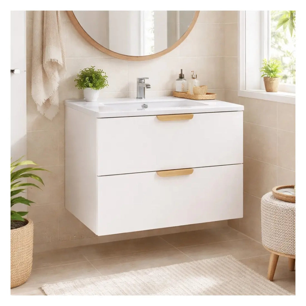 Set bagno sospeso OSTER 60cm: mobile sottolavabo con cassetti bianchi + lavabo incassato bianco