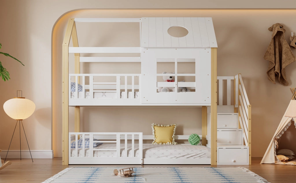 Letto a castello con scala contenitore in legno massiccio e MDF 90x200 cm