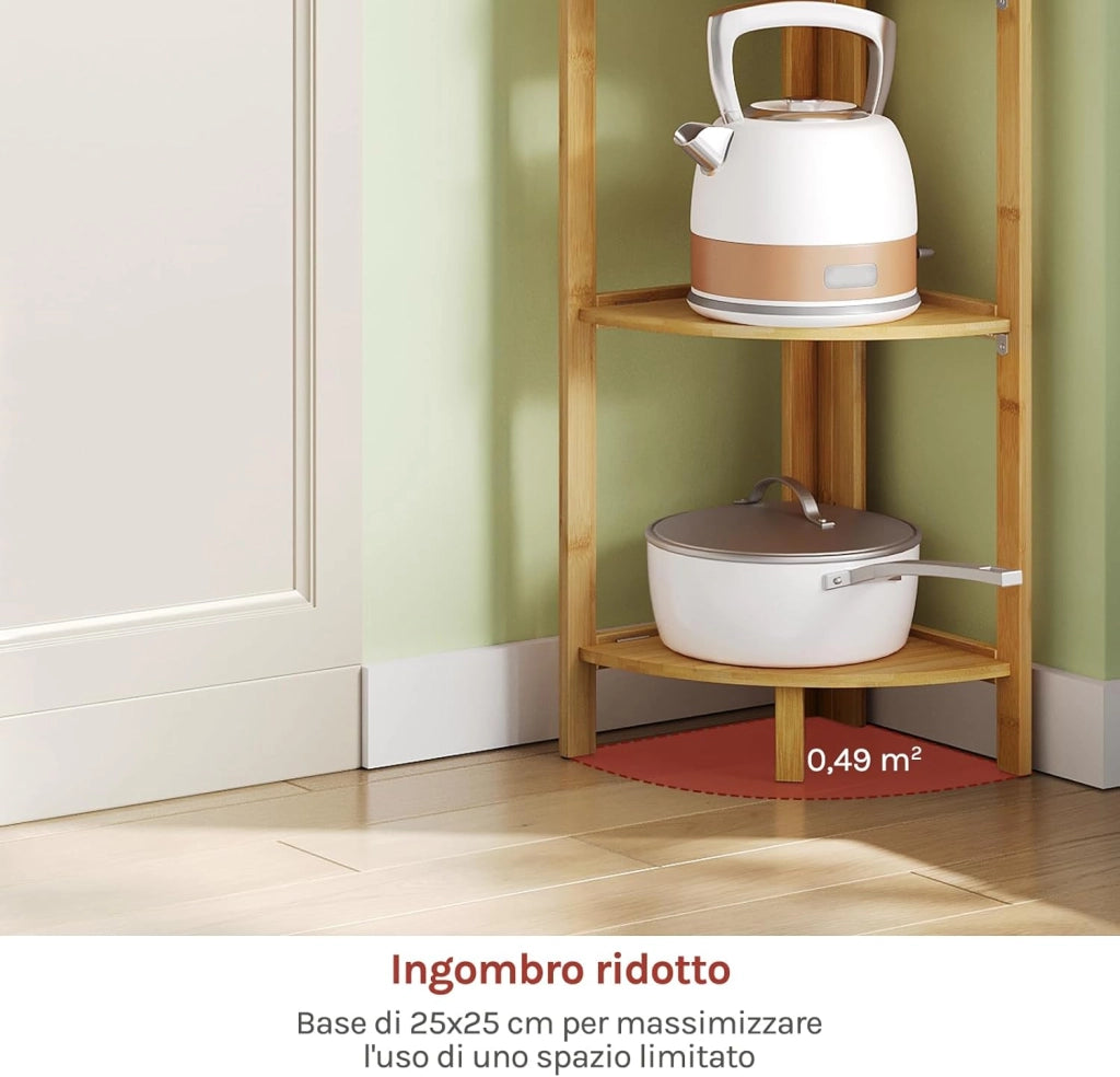 Mobiletto Bagno in Bambù a 4 Livelli, Scaffale Angolare Pieghevole, per Bagno, Cucina, Soggiorno, Bambù Naturale, 27x27x120 cm