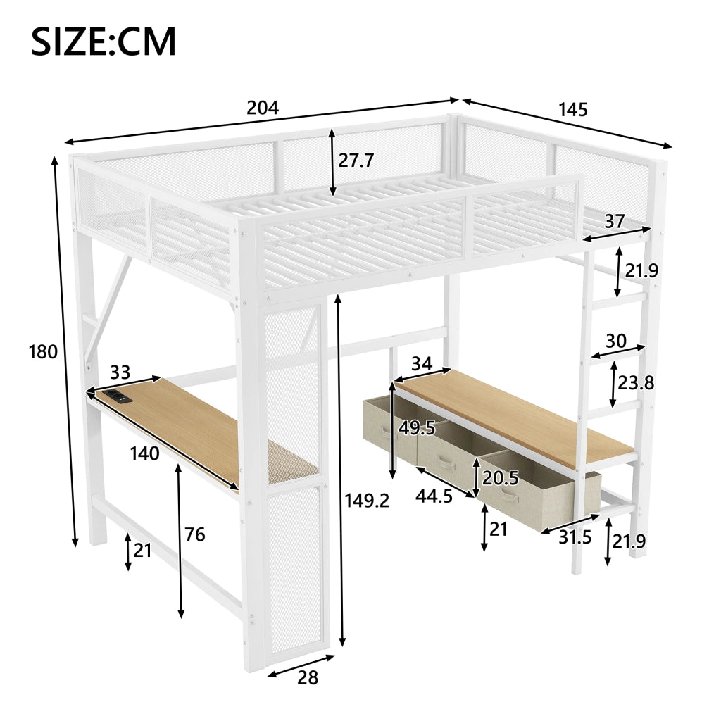 Letto a castello metallo bianco con scrivania led usb e 3 cassetti 140x200 cm