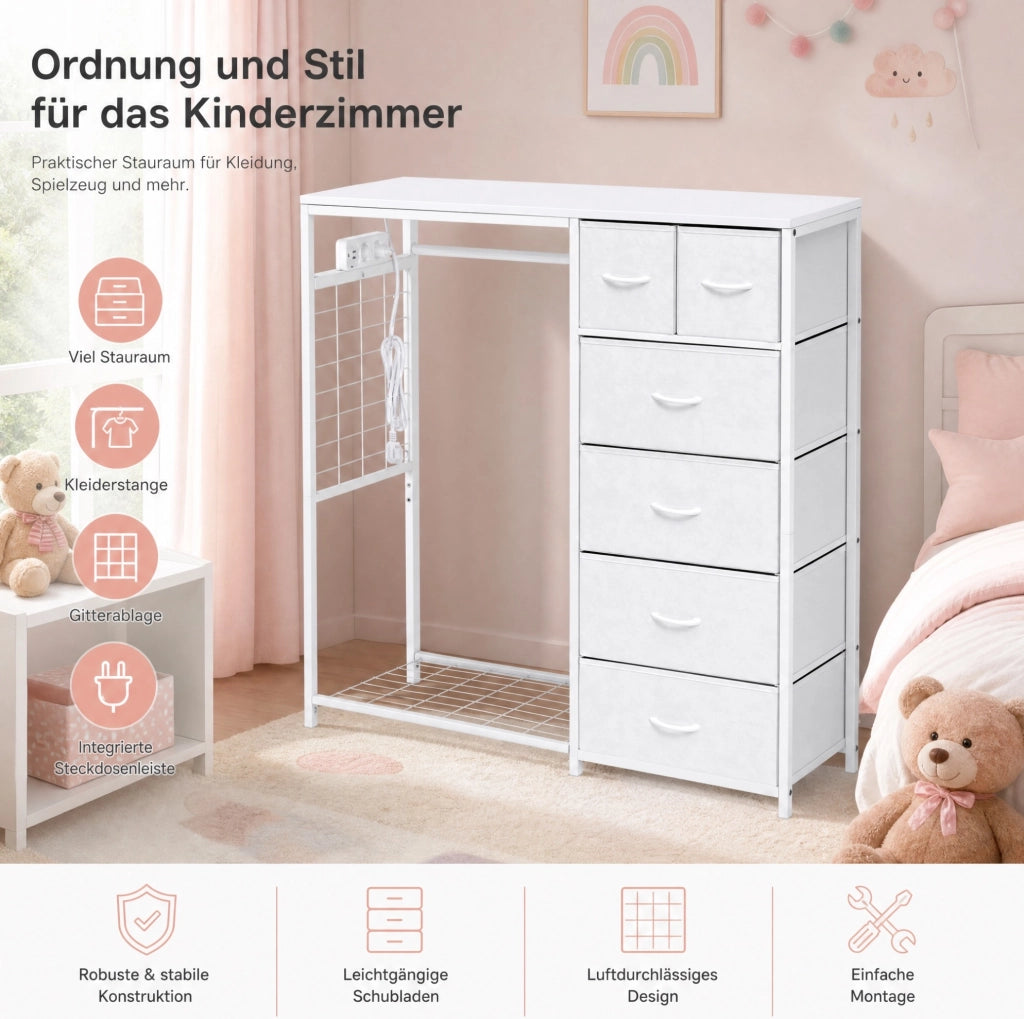 Armadio per bambini multifunzione con 6 cassetti in tessuto; asta appendiabiti; presa e ripiano; bianco